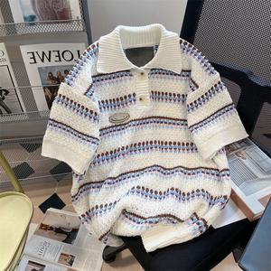 American Style Hollow Striped Knitted Polo Shirt for Women, Unique Design Short Sleeve T-Shirt, Casual Top