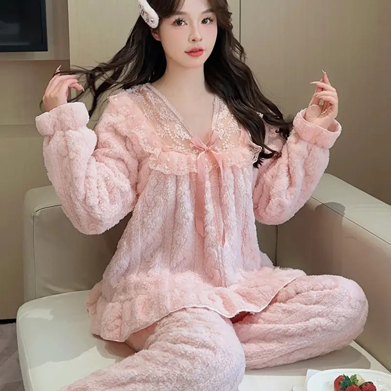 Đồ Ngủ Nữ, Mùa Đông, Lót Lông Cừu San Hô, Dày Dặn, Thích Hợp Cho Ký Túc Xá Sinh Viên, Ren, Cô Gái Đầy Đặn, Ngoại Cỡ, Bộ Đồ Mùa Thu Và Mùa Đông, 20220224