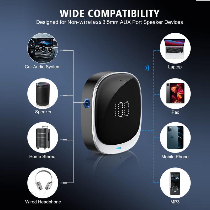 Car Transmitter, Portable Rechargeable Aux Output Music Receiver with LED Display Screen, Wireless Bluetooth-compatible Audio Receiver Compatible with Phone MP3 Speaker Laptop Headphone for Car Home 7