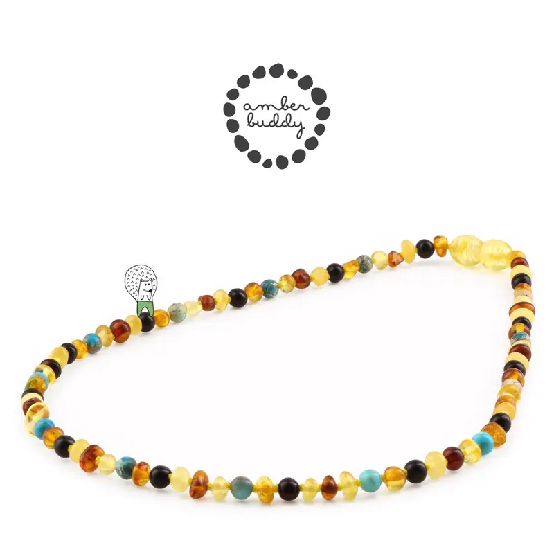 Amber Buddy - JN96 Kalung Amber dengan Lake Blue Imperial Jasper & Tridacna Shell untuk Junior. 38 cm [ FREE BANGLE ] 3