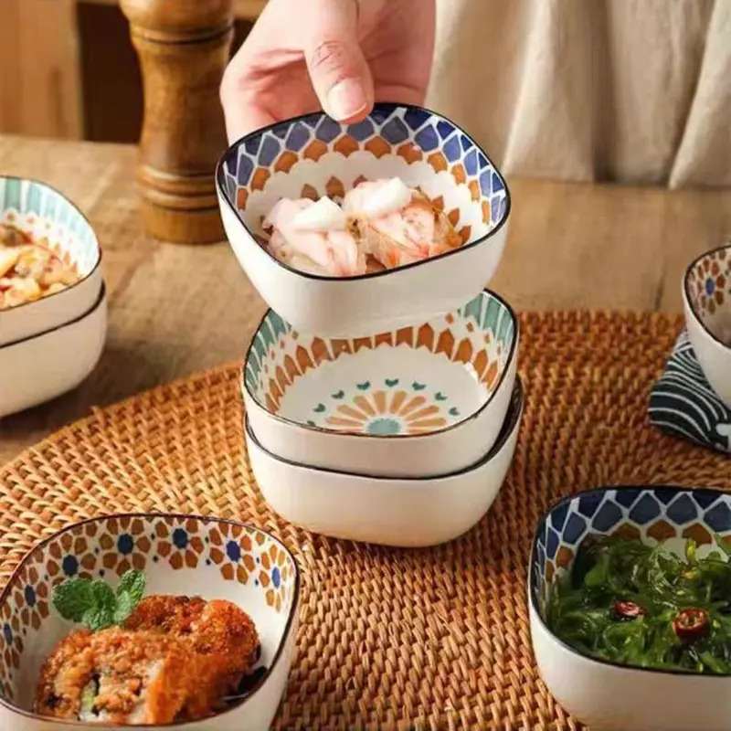 Ceramic Dipping Bowl Set, 3/6 Counts Creative Boho Style Sauce Bowl with Wooden Tray, Kitchen Tableware for Home Dining Room Picnic 8