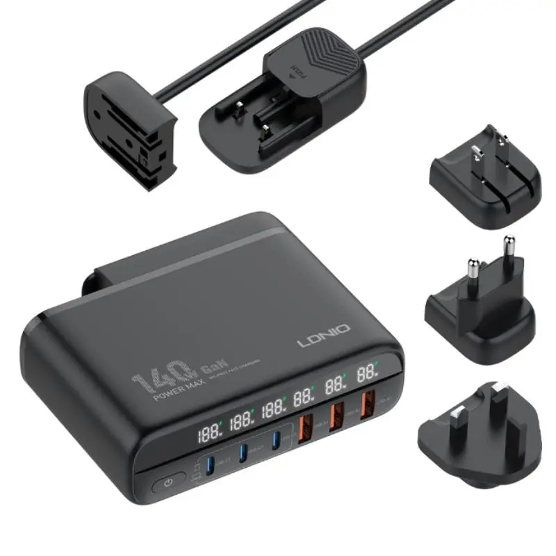 140W GaN USB C Charger Block, PD3.1 QC3.0 PPS 6 Port Laptop Wall Charger, 100W Fast Charging Power Adapter with LED Display, Universal Travel Adapter