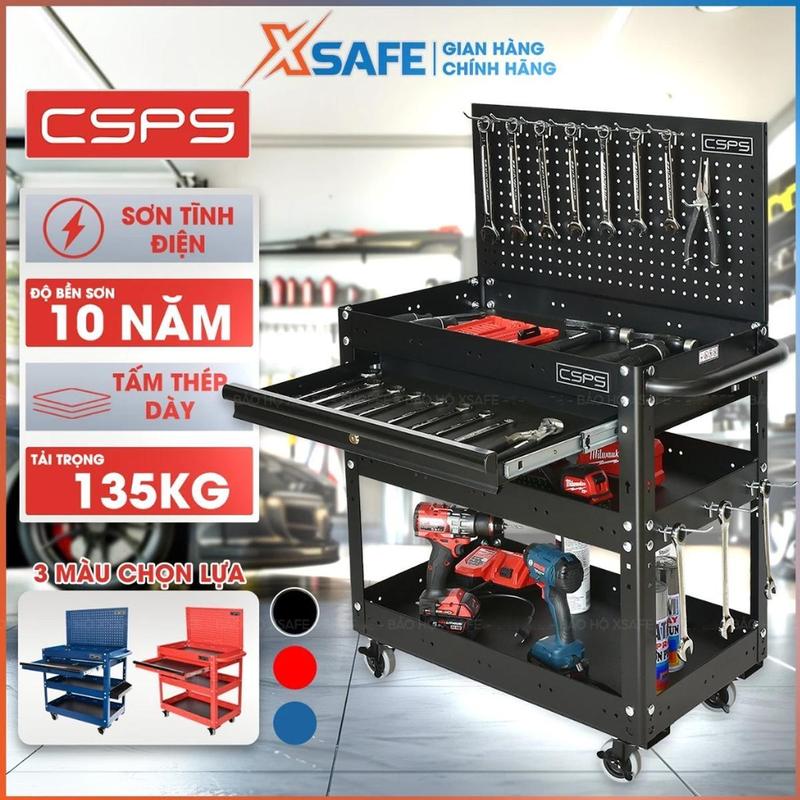 Xe đẩy 3 tầng 71cm CSPS tải trọng 135kg, khay chứa đồ nghề dụng cụ 4 bánh xoay có khóa, phân loại hộc kéo với vách lưới