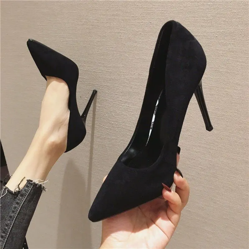 Giày Cao gót, Mũi Nhọn, Mịn, Màu Đen, Bơm Miệng Thấp, Dành Cho Nữ, Bộ Sưu Tập Mùa Lò Xo Và Mùa Hè 2024, Phong Cách Hàn Quốc, Da Lộn, Cỡ 43, Ngoại Cỡ, Hàng Mới Về Shoes 4