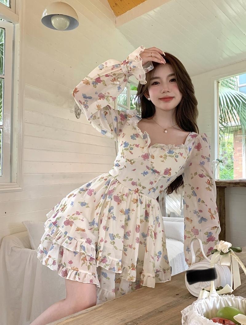 Product Introduction of Đầm Tiểu Thư Ulzzang Chất Voan Hoa Nhí Form Ngắn Xoè Tay Dài 6