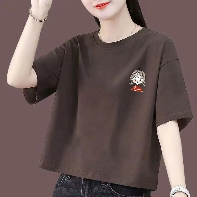 Áo Thun Ngắn, 100% Cotton, Dành Cho Nữ, Phong Cách Hàn Quốc, Dáng Rộng Vừa Vặn, Thiết Kế Ngủ Ngắn, Hàng Mới Về 2024, Áo Thun Cạp Cao 0