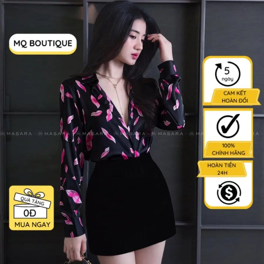 Áo sơ mi lụa cao cấp công sở họa tiết môi nền đen dáng cơ bản thanh lịch, áo sơ mi thiết kế MQ Boutique