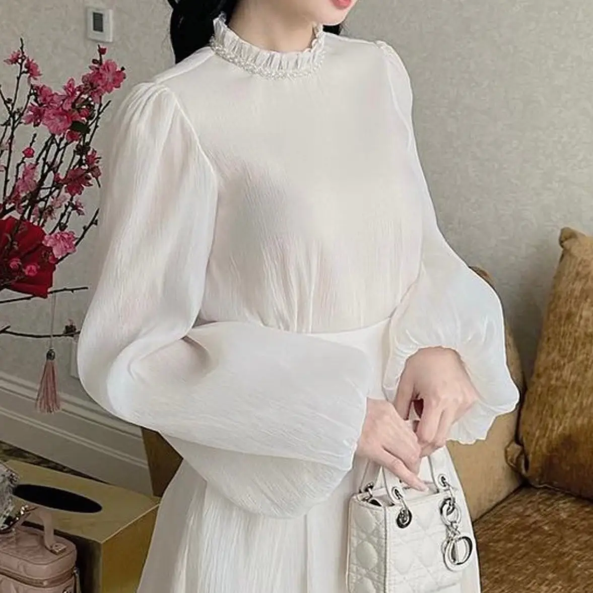 A02- Áo TƠ XỐP tay bồng phối cổ ngọc dáng suông 2 lớp siêu điệu BEIBEE.BYNGOC