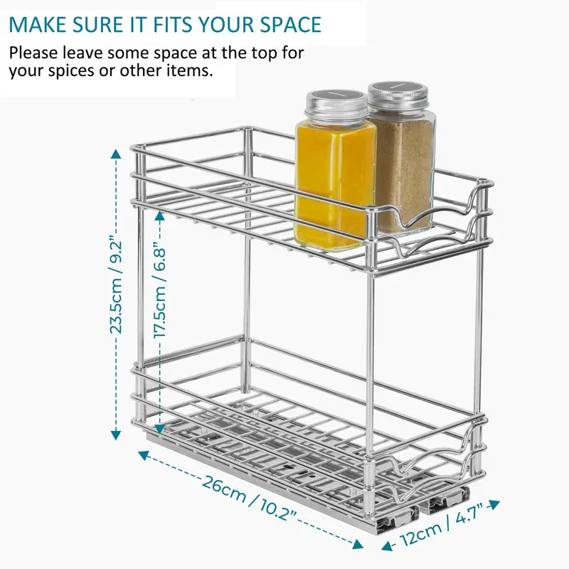 2-tier Pull-out Spice Rack, 1 Count Durable Iron Under Cabinet Storage Rack, Space-saving Kitchen Organization Rack for Home Dormitory Dining Room 1