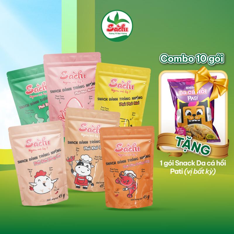 [MUA 10 GÓI TẶNG 1 GÓI SNACK DA CÁ] Snack Bánh Tráng Nướng SACHI Phủ Vị Giòn Tan, Đậm Vị Không Chất Bảo Quản (Gói 45g) Ăn Vặt Food