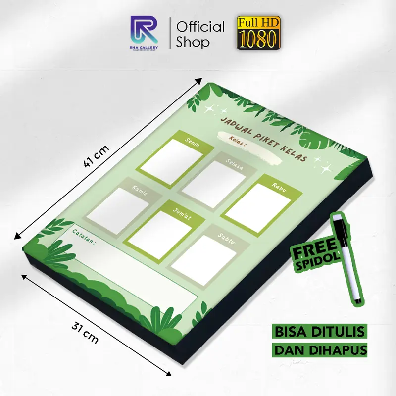 Papan Tulis Kayu Jadwal Piket Planner Daily/ Weekly Schedule Board Motif Hijau Leaves Bingkai Ukuran 31x41 CM Dipasang di Dinding Stationery 0