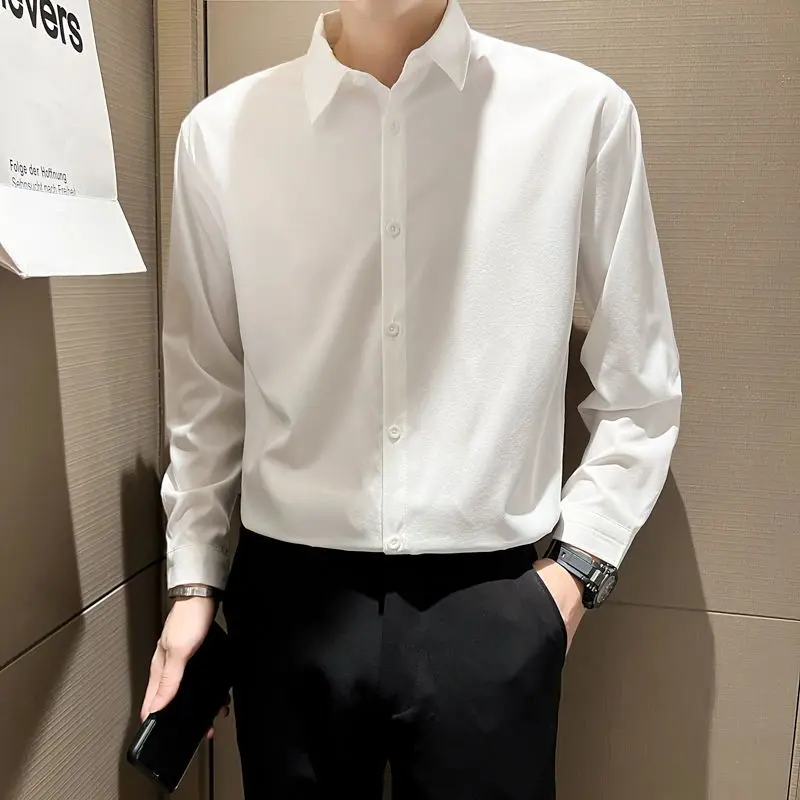 Light Mature Style Korean Loose Solid Color Long Sleeve Shirt Men's Spring Autumn Top Trendy Draped Non-iron Business Shirt Footwear