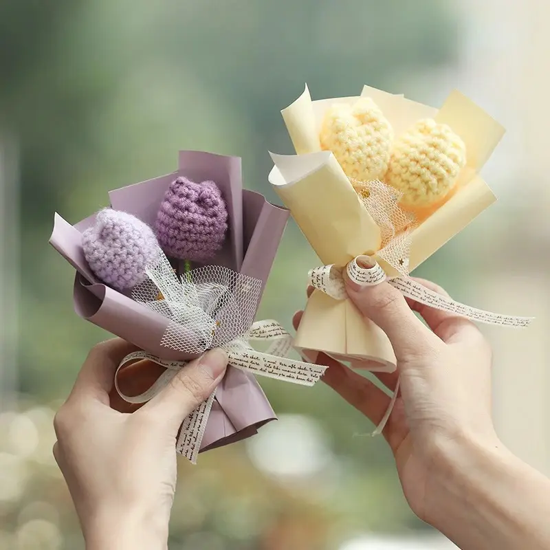 Mini Crochet Knitted Flower Small Bouquets Diy Mother's Day Gift Wedding Guest Gift Cute Handmade Artificial Flowers Home Decor Cotton Decorative Plant Ornaments