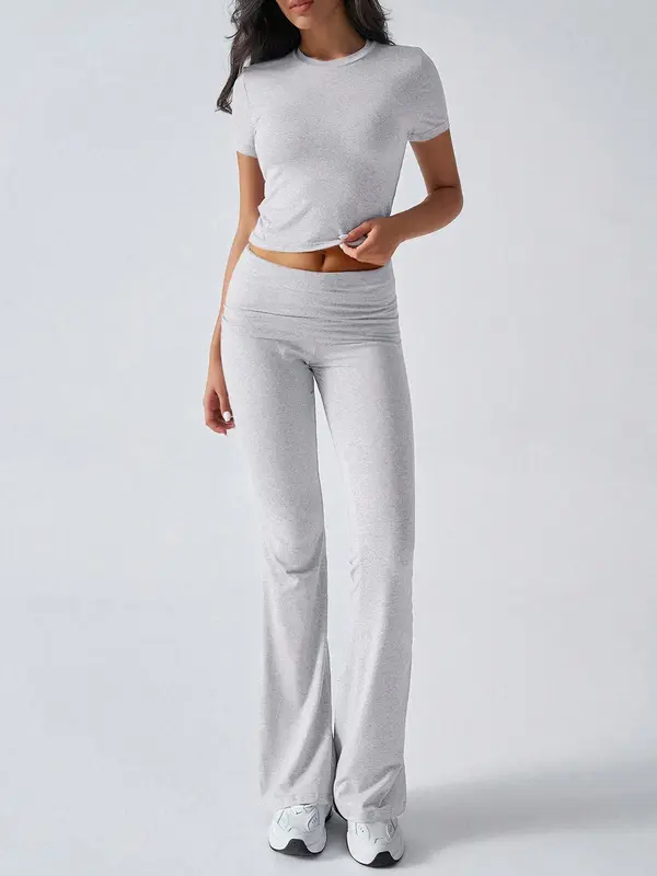 Two-piece Set Women's Solid Crop Top & Flare Leg Pants, Casual Fashion Cozy Round Neck Top & Bell Bottom Trousers for Daily Outdoor Wear, Ladies Clothes for Summer 6