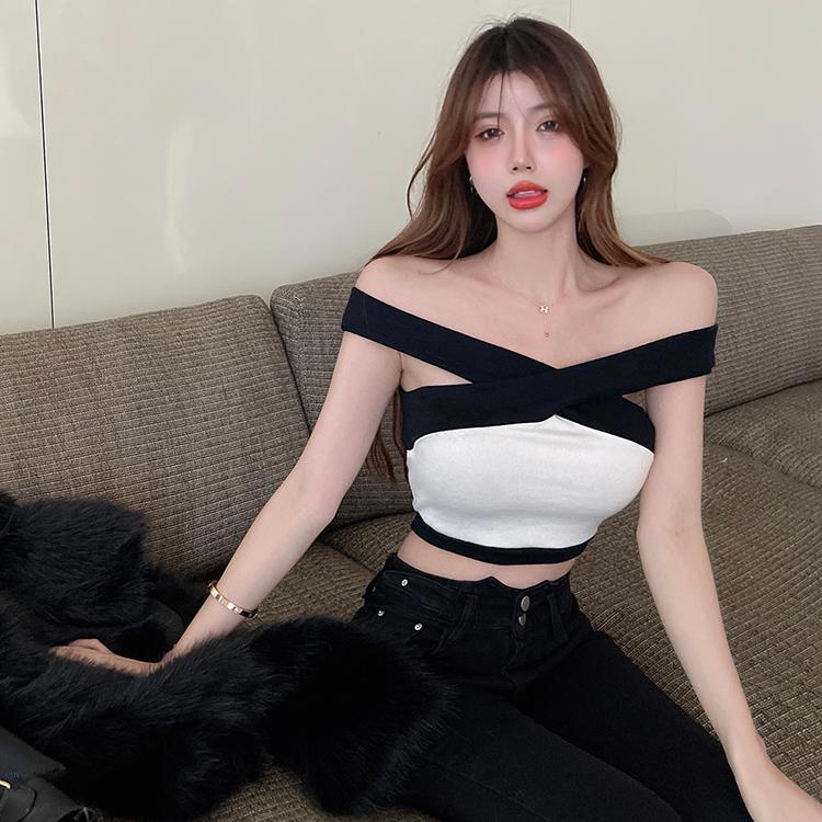 Product Introduction of Contrast color cross knitted vest high waist navel-baring short bottoming inner sling outer wear sleeveless hot girl pure desire top 9
