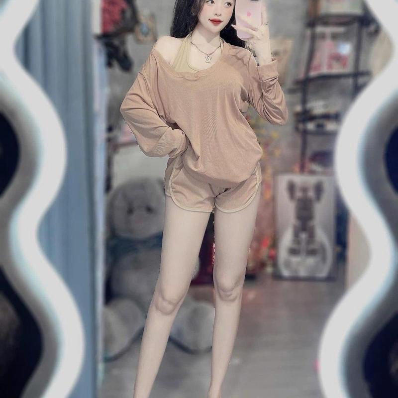 Sét bộ 3 món áo tay dài quần đùi chính chủ hình thật dưới 60kg Nữ Women Top Thun Tre Nhung 5