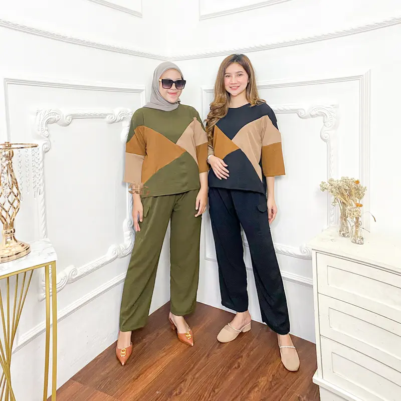 db - AURA baju setelan muslim wanita kekinian korean style remaja dewasa crinkle airflow celana panjang atasan 3/4 terbaru 2025 baju set santai Kulot Casual 0