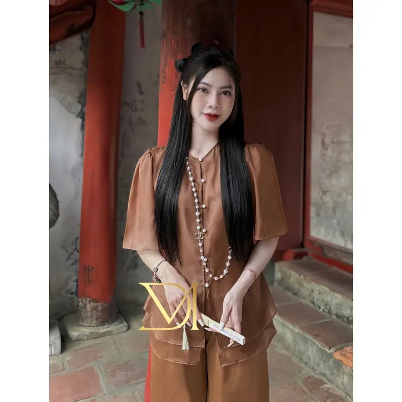Nguyên Bộ Đồ Lam Đi Chùa -Mẫu Voan 2 lớp tay ngắn 1 Nữ Women Top-V1 2