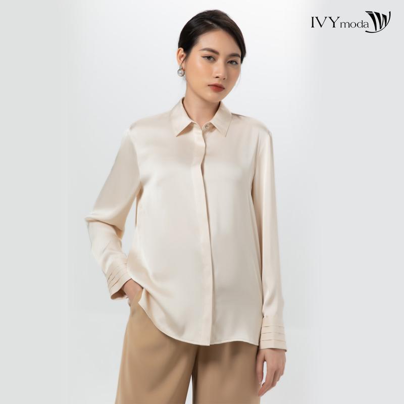 Áo sơ mi cổ đức tay dài xếp nếp IVY moda dành cho Nữ MS 17M7258