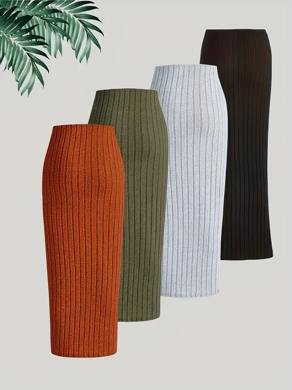 Women's Solid Ribbed Skinny Skirt, Elegant Fashion Casual Long Skirt for Daily Outdoor Wear, Women Knitwear for Fall & Winter 7