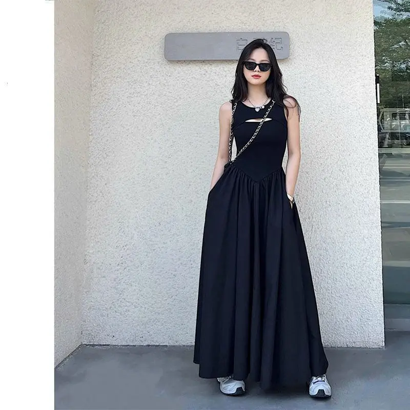 Hepburn Style Black Sleeveless Dress for Women Summer High-end Elegant Tank Dress Slimming High Waist Chic Little Black Dress