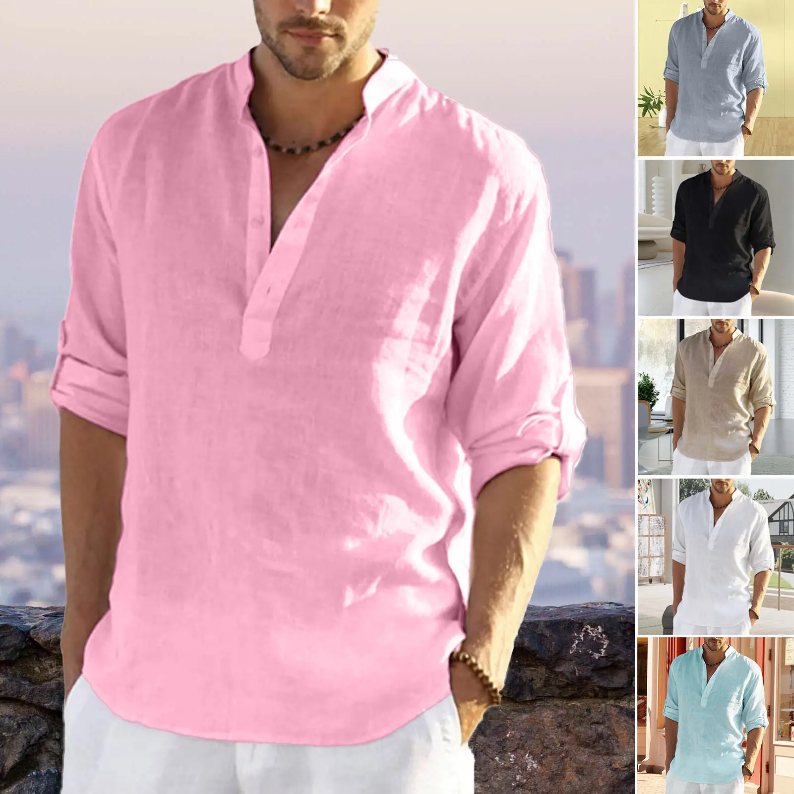 hwuaing-V-Neck Buttons Half Placket Long Sleeve Men Shirt Solid Color Loose Casual T-Shirt