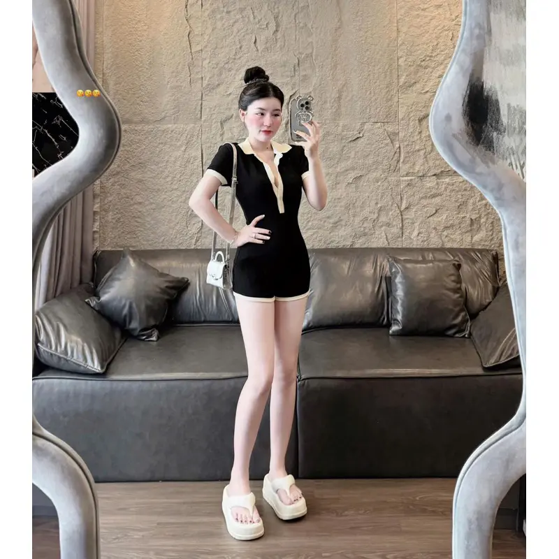JUMSUIT ĐÙI POLO ĐEN VIỀN TRẮNG TAY NGẮN - Dáng Chuẩn Voi ÁO Jean Voan Lịch 7