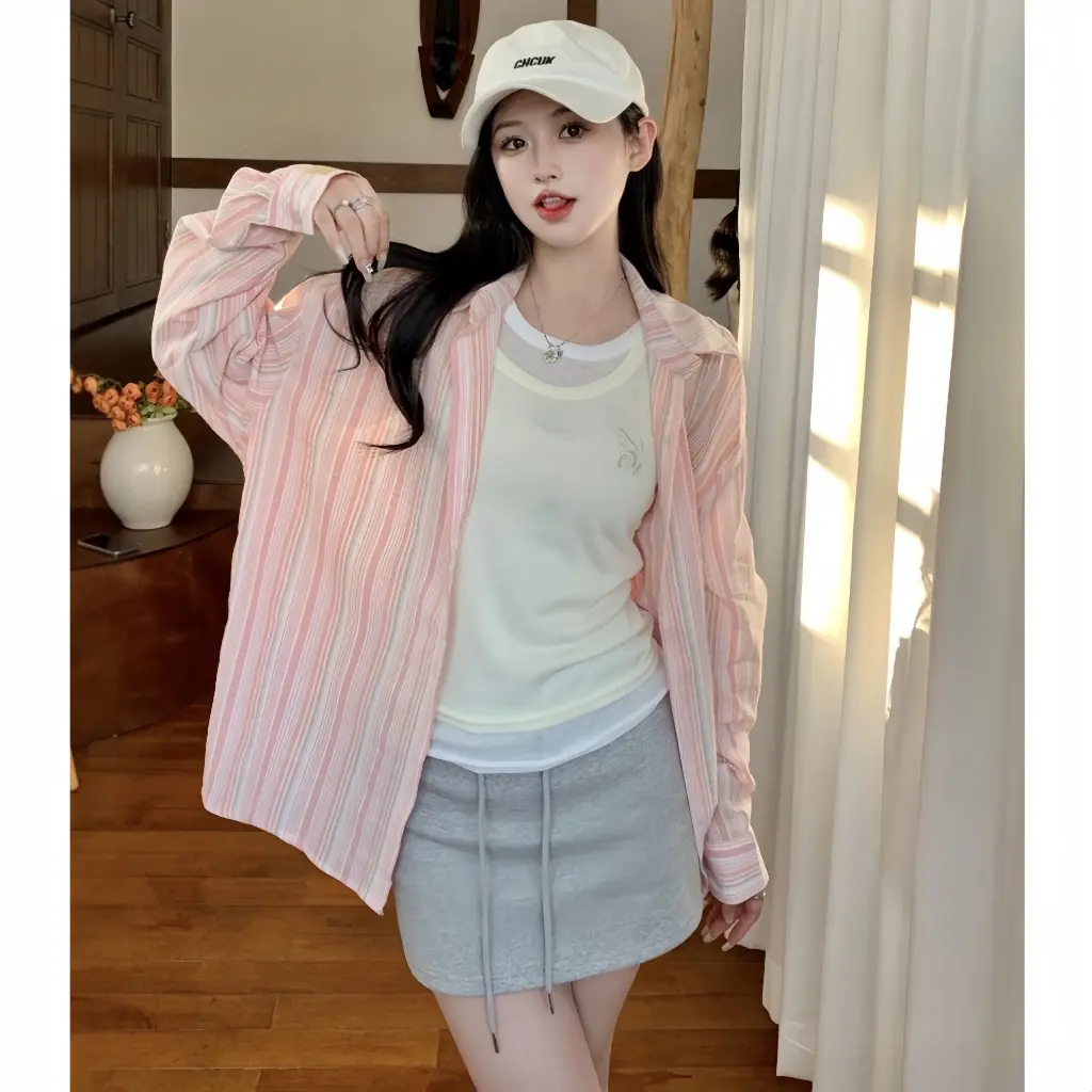 [  QIHO ] Áo kiểu nữ sơ mi dài tay kẻ sọc chất đũi 2 màu xinh pastel Qiho Women Shirt Top Kem | BigBuy360 - bigbuy360.vn