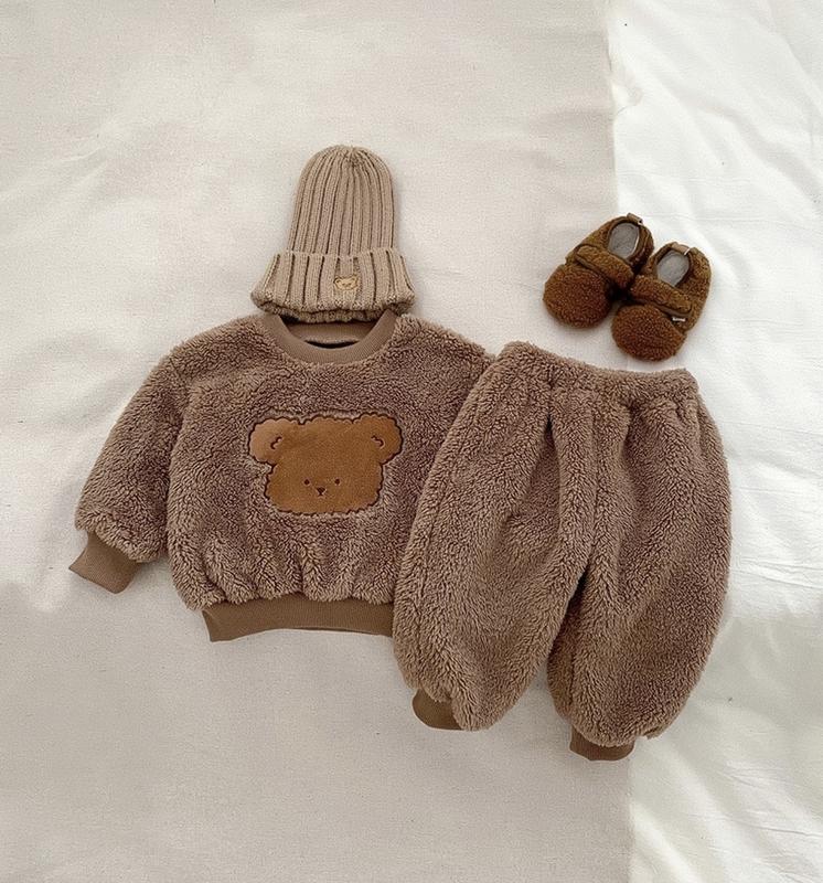 SB07 Set Đồ Lông 3 Món Áo Quần Và Mũ, Thiêu Hình Gấu Cho Bé Trai, Bé Gái 8-18Kg 2