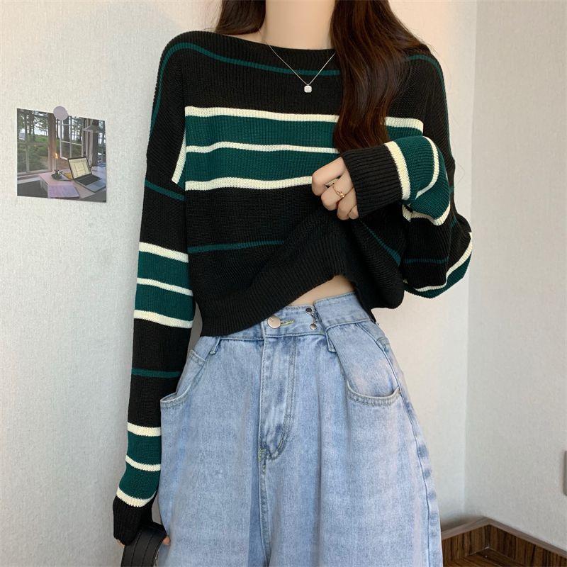 Product Introduction of Áo len tay dài thời trang mùa thu đông áo cổ tròn rộng rãi Top Nữ Women Sọc 18
