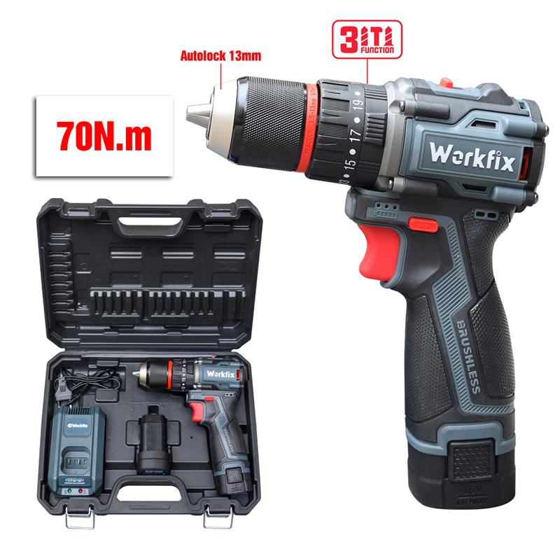 Máy Khoan 3 Chức Năng Workfix Nhỏ Gọn -  Đầu Kẹp 13mm Auto Lock - ID1613N - Lực Xoắn Tối Đa 70N-  2 Pin 16.8V/2Ah - Brushless Motor - Bảo Hành Chính Hãng 6 Tháng khoan không dây diy