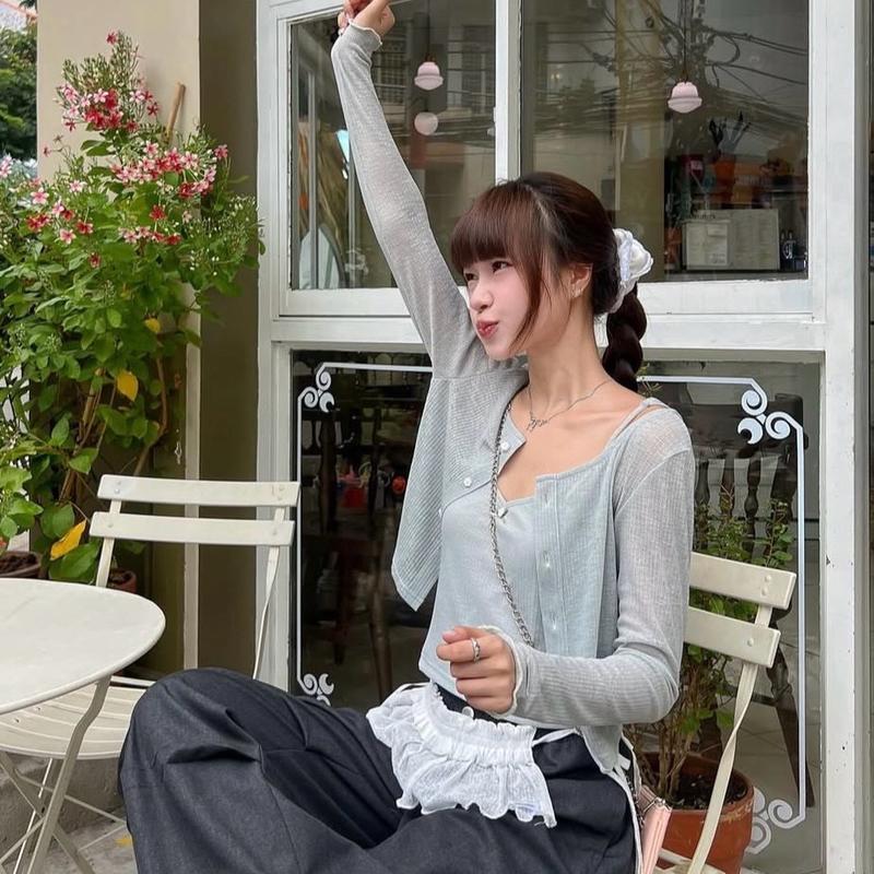 Set Áo Hai Dây Phối Khoác Tay Dài Cúc Hoa Lưng Buột Nơ ( tặng kẹp nơ trắng )| LiLy Set - ONAONE