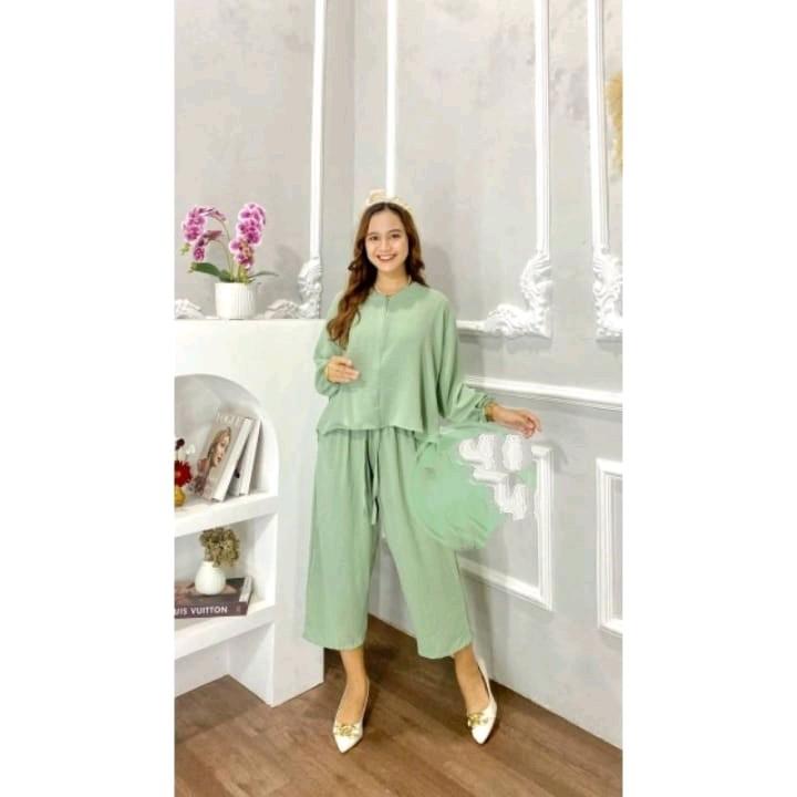 One set Luna crincle airflow Setelan Wanita Atasan Baju Celana Nyaman  Panjang Balon Crinkle Kerah Remaja 6