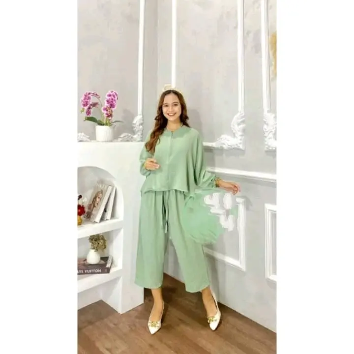 One set Luna crincle airflow Setelan Wanita Atasan Baju Celana Nyaman  Panjang Balon Crinkle Kerah Remaja 5