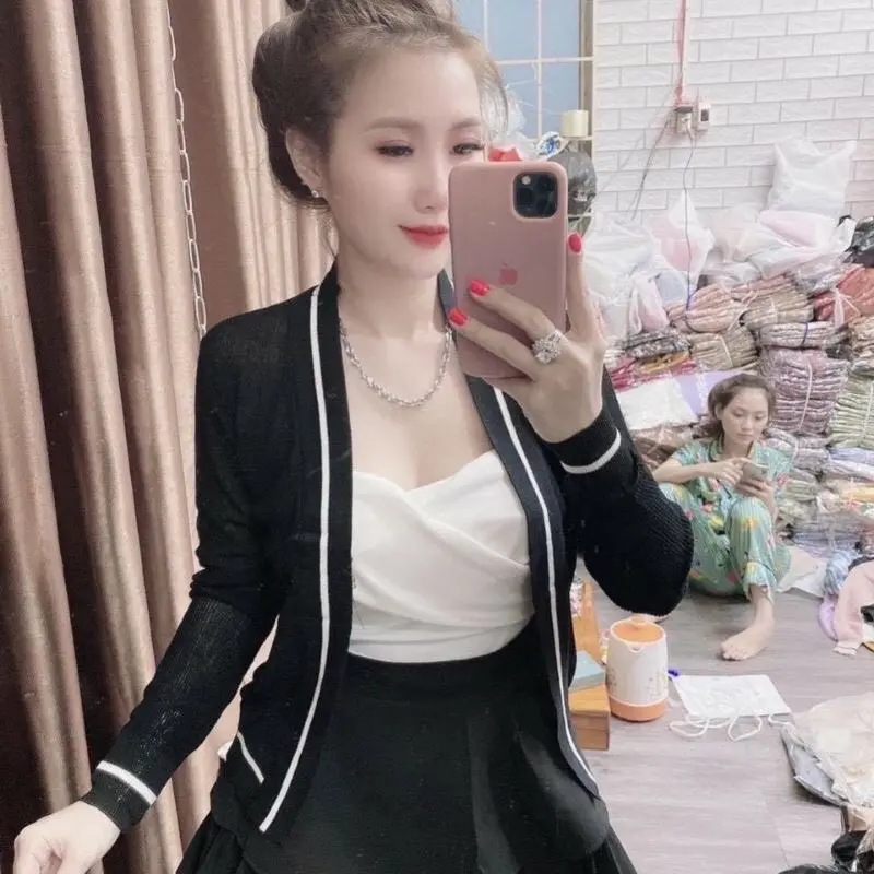 (AK002) Áo khoác Cardigan thun gân phối viền, áo khoác mỏng đi biển, đi tiệc sang trọng, xinh xắn
