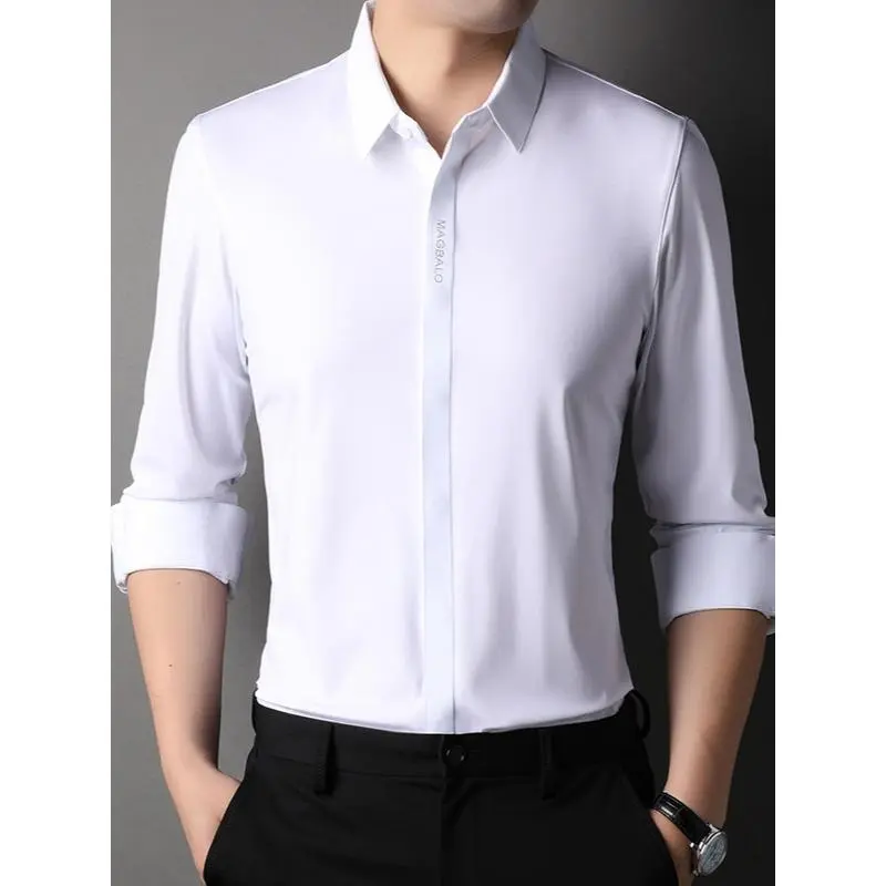 [Jennifer] Spring and Autumn New Ice Silk Men's Shirt Long-Sleeved Shirt Business Casual Large Size Seamless Non-Ironing White Shirt Foreign Trade Fashion