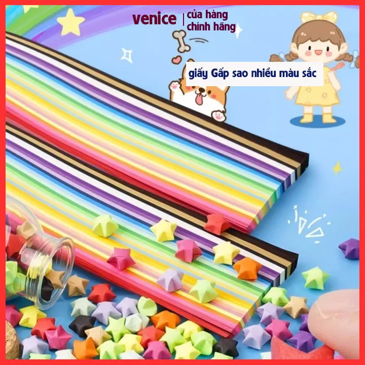 Xấp 540 giấy gấp ngôi sao tạo bông hoa quà tặng, giấy xếp sao nhiều màu