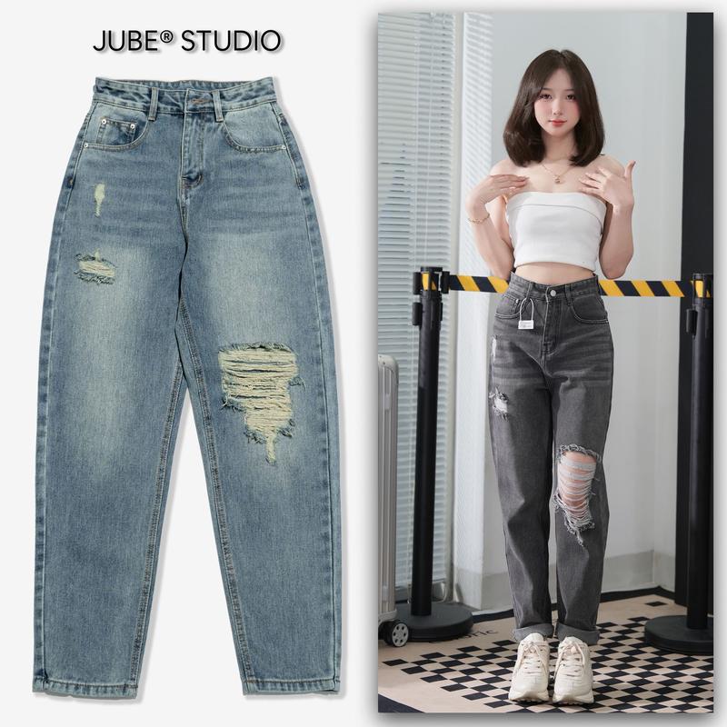 Quần Baggy Jean Nữ  Lưng Cao Không Co Giãn Rách Gối Kiểu Cá Tính Denim 0