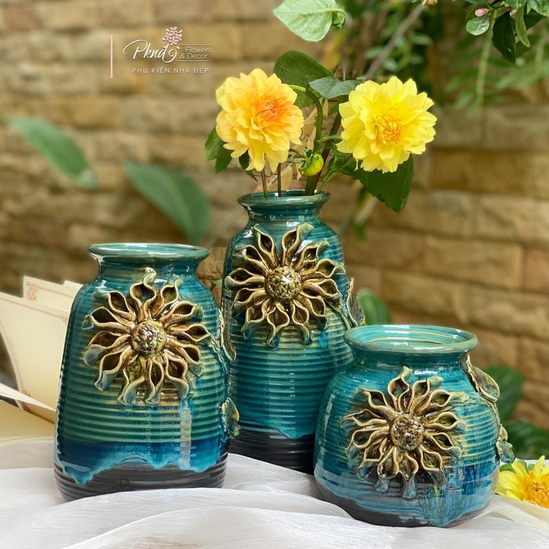 Bình gốm Bát Tràng men hỏa biến đắp nổi hoa hướng dương thủ công trang trí phòng khách đẹp Mộc Gốm BG119 Decor