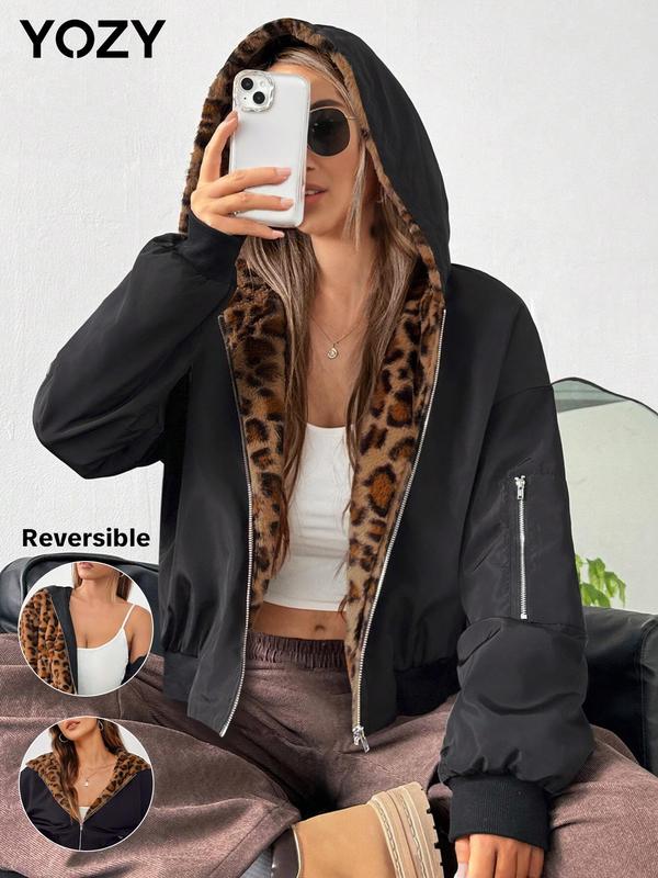 YOZY Women's Leopard Print Zip Up Thermal Lined Reversible Hooded Jacket, Fashion Casual Long Sleeve Pocket Outerwear for Daily Outdoor Wear, Women Clothing for Fall & Winter 0