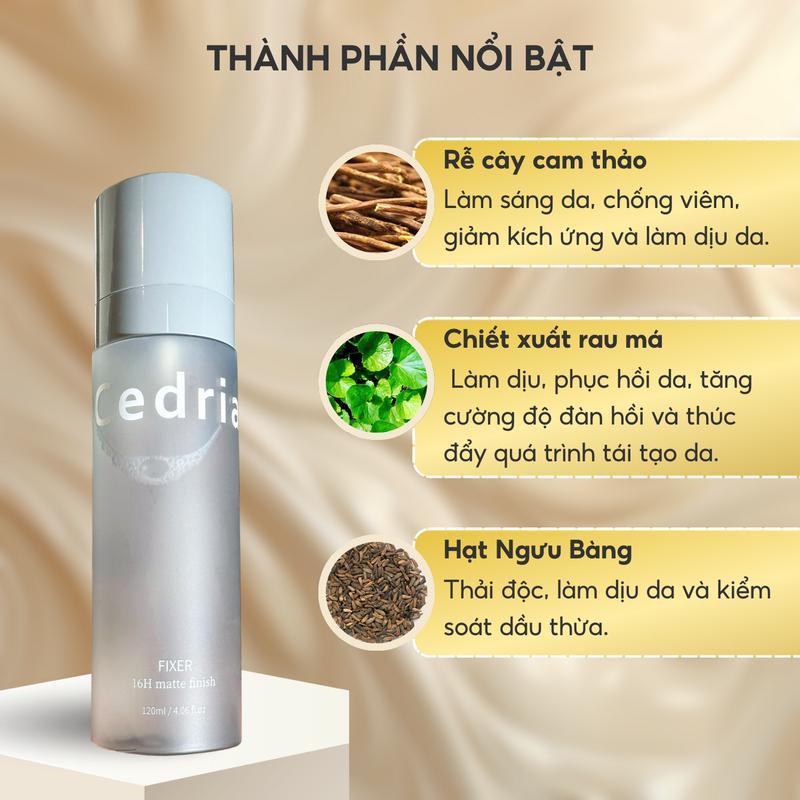 Xịt Khoáng Khóa Nền Cedria 120ml – Cố định lớp trang điểm bền lâu, giữ nền tươi mới cả ngày. Dưỡng ẩm với chiết xuất rau má, rễ cam thảo, bảo vệ da khỏi bụi bẩn và dầu thừa hiệu quả. 2