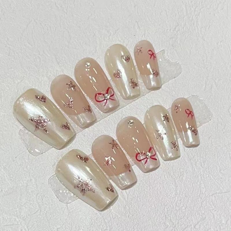 Simple French Removable Press On Nails Coffin Bow Metallic Nail Gems Classy Nails Hand Drawn Nail Tips 1
