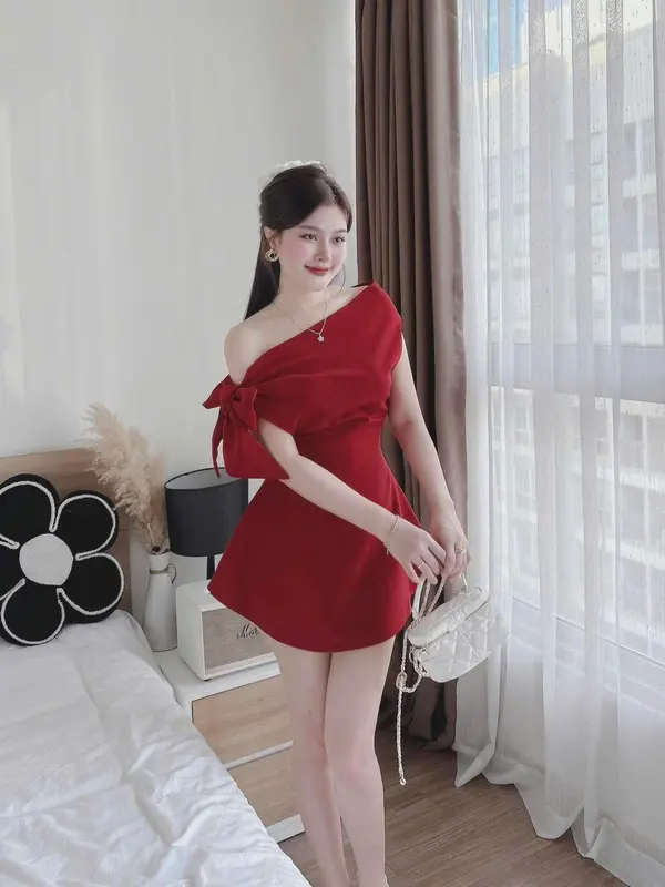 D673 ĐẦM THIẾT KẾ BIGSIZE LỆCH VAI CỘT NƠ DÁNG NGẮN (TÁO ĐỎ BIGSIZE 55-90KG) 1