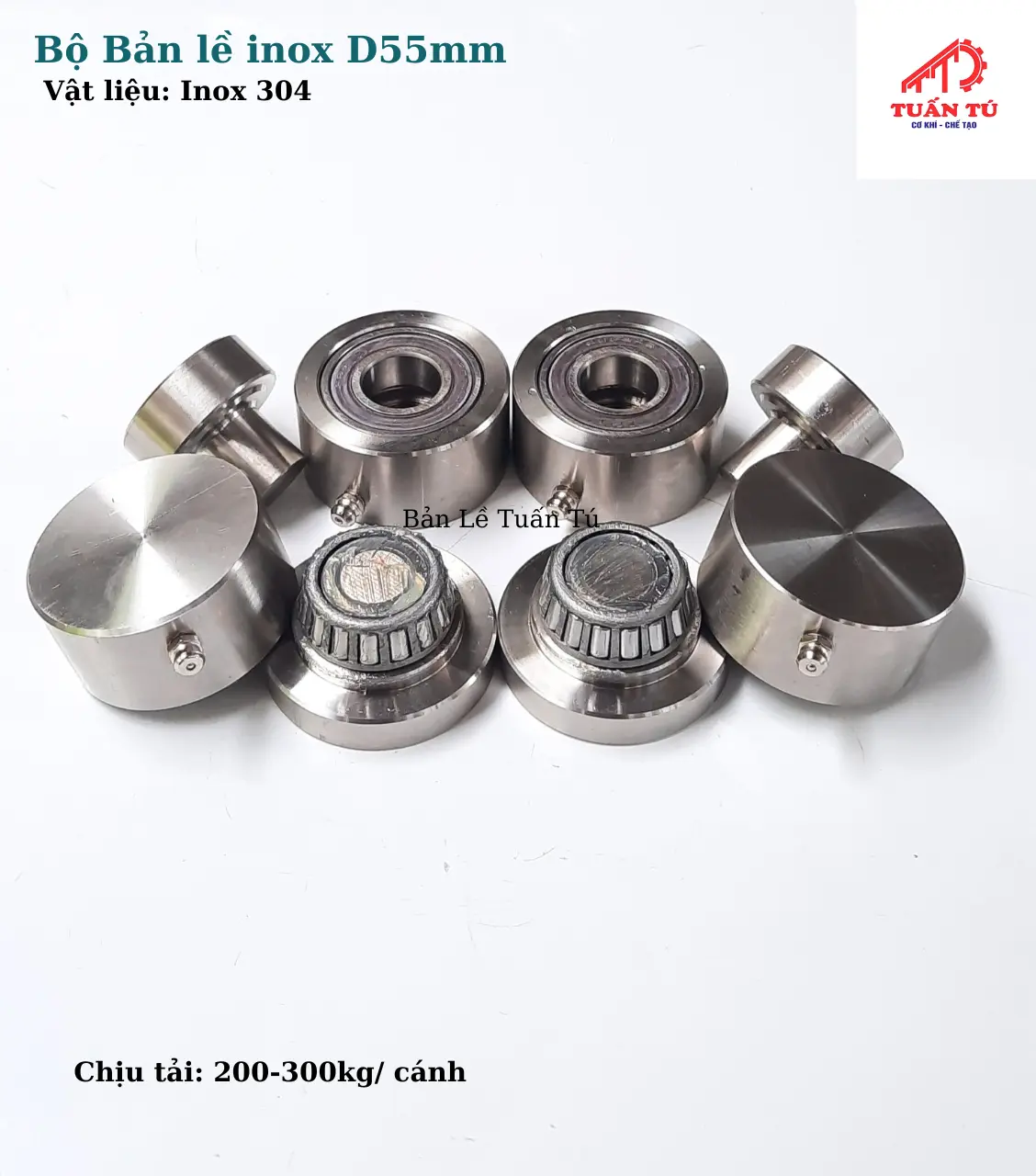 (INOX 304) Bộ Bản lề chịu lực D55 - Chịu tải 200-300kg/cánh, Vòng bi Nhật chính hãng