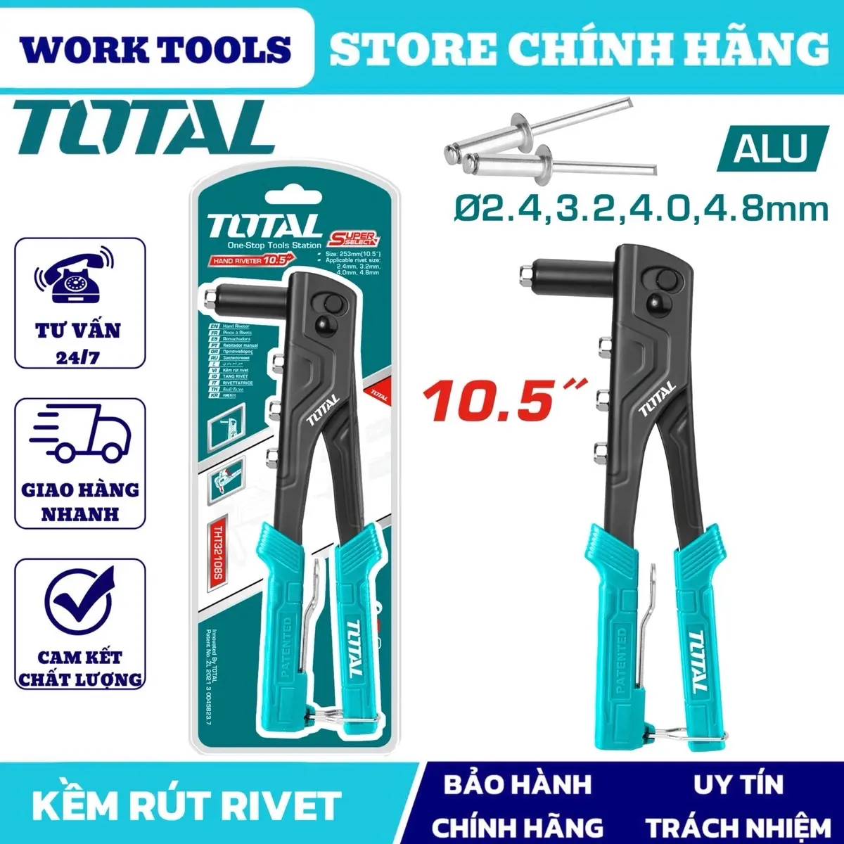 Kềm rút rivet TOTAL THT32108S, 10.5 inch, size Φ2.4mm, 3.2mm, 4mm, 4.8mm