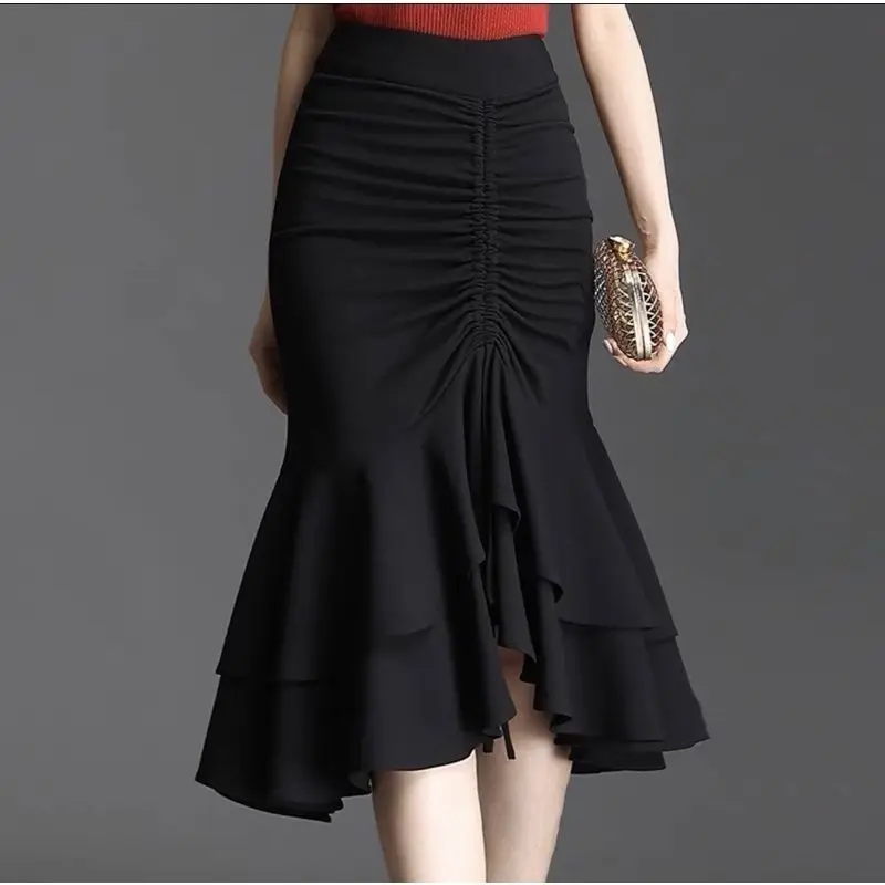 Midi Skirt mermaid tali serut double layers Scuba Wanita 0