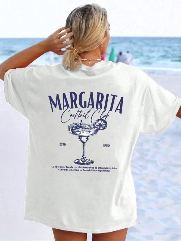 Women's Letter Beverage Graphic Round Neck Graphic Tees, Plus Size Shortsleeve Clothes Uk, Fashion Casual Drop Shoulder Short Sleeve T-shirt for Summer Beach Party, Vintage Graphic Tees, Tops for Women, Tops That Hide Stomach, Womenswear 0