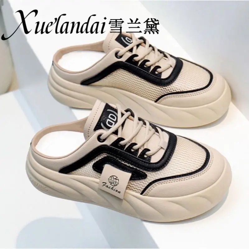 Snow Lauder Slip-on Half Slippers Women's Summer 2024 New Breathable Mesh Red Ins All-Match Board Shoes Footwear