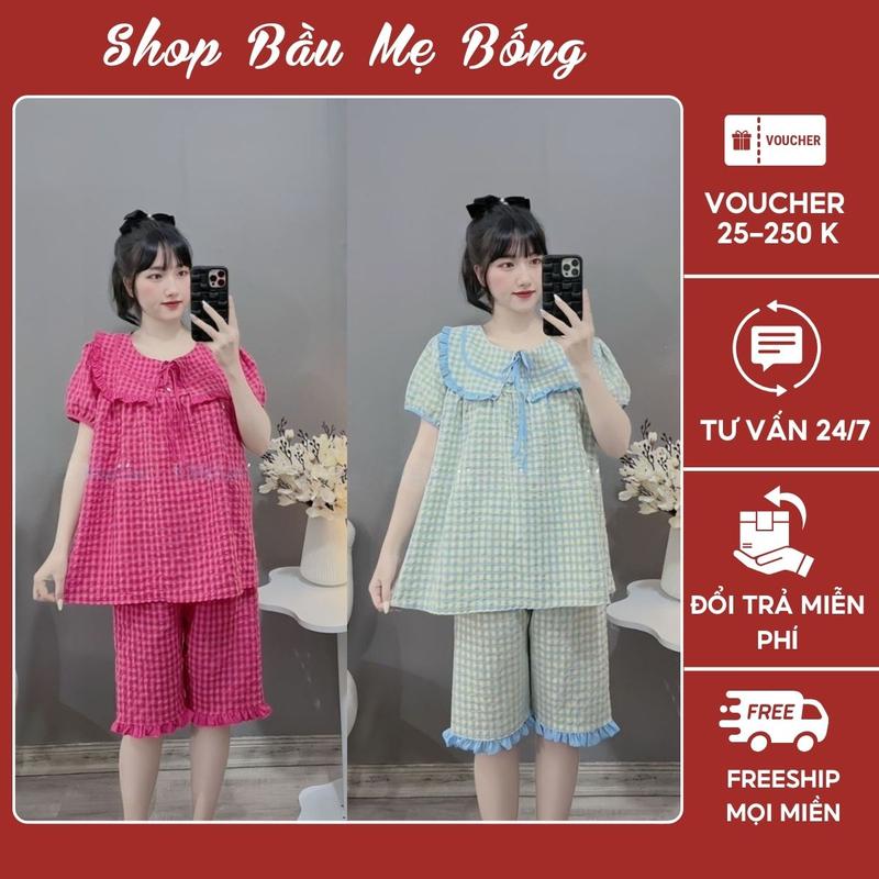 COMBO 2 Bộ Mặc Bầu Và Sau Sinh Bộ Lửng Kẻ Caro Chât Liệu Đũi Thái Cổ Bèo Có Dây Buộc Nơ Freesize 42kg-72kg Dành Riêng Cho Mẹ Bầu Váy Bầu Đầm Bầu Sơ Mi