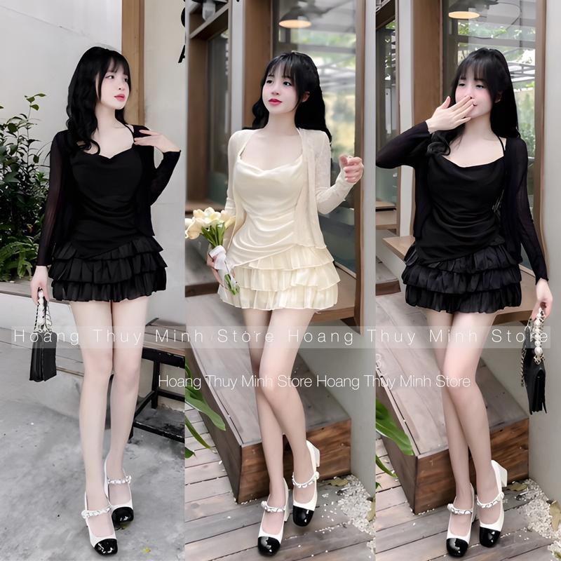 S2- Sét Áo Cổ Đỗ 3 Món - Chân Váy Voan Tầng CÓ MÚT 40-55kg Tay dài Trơn Nữ